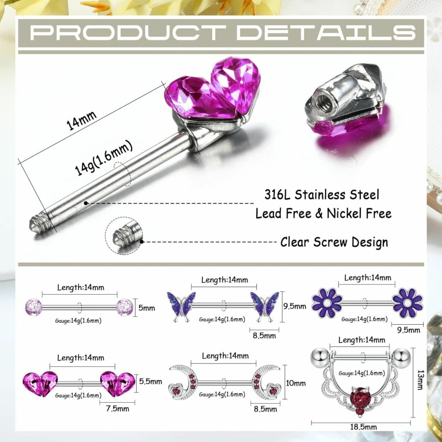 Florideco Florideco 6 Pairs 14G Nipple Rings For Women Heart Butterfly Moon Cz Flower Barbell Nipple Rings 316L Stainless Steel Nipple Piercing Jewelry | Body Piercing Barbells