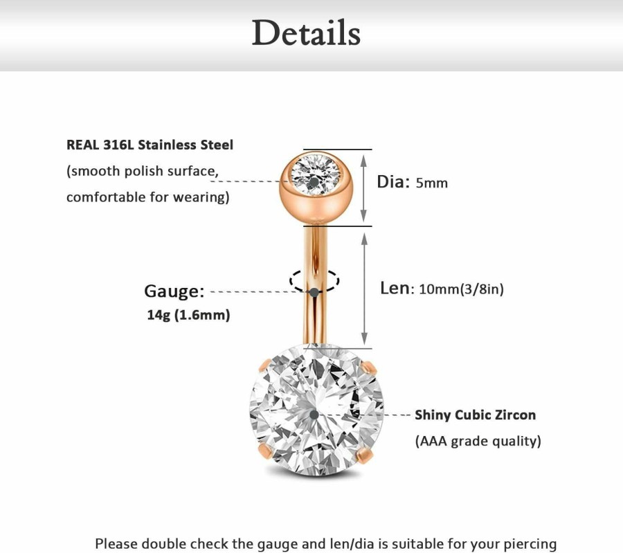 FECTAS Fectas 14G Belly Button Rings Surgical Steel Dangle Cz Navel Ring Barbell For Women Girls Body Piercing Jewelry Rose Gold Silver | Body Piercing Barbells