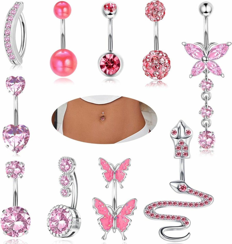 JeryWe Jerywe 10 Pcs 14G Belly Button Rings For Women 316L Stainless Steel Clicker Belly Button Piercing Dangly Navel Rings Blue Pink Cz Snake Butterfly Belly Rings Dangling Belly Piercing Jewelry | Body Piercing Barbells