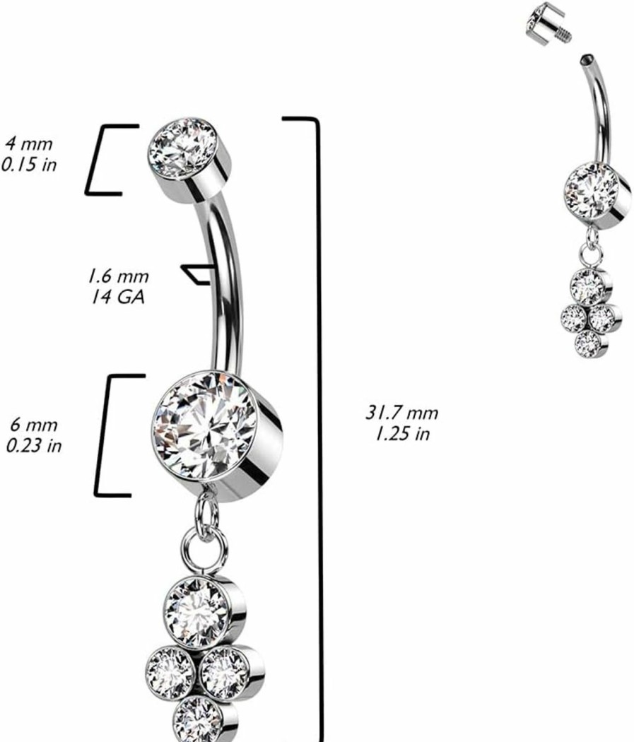 Pierced Owl Pierced Owl 14Ga F136 Implant Grade Titanium Internally Threaded Double Cz Crystal With Dangling Crystal Cluster Belly Button Ring | Body Piercing Barbells