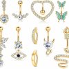 FIASASO Fiasaso 10Pcs Belly Button Ring 14G Dangle Cute Gold Plated Snake Evil Eye Heart Clear Cz Butterfly Clicker Belly Button Rings For Women Belly Piercing Pack | Body Piercing Barbells