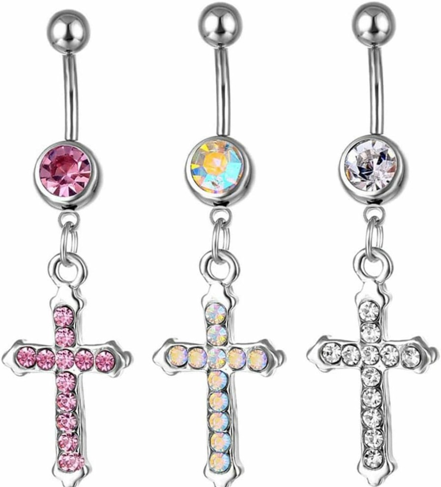 MIFYNN Mifynn Crystal Cross Belly Button Ring For Women Rhinestone Cross Pendant Stainless Steel Belly Button Ring Body Piercing Jewelry | Body Piercing Barbells