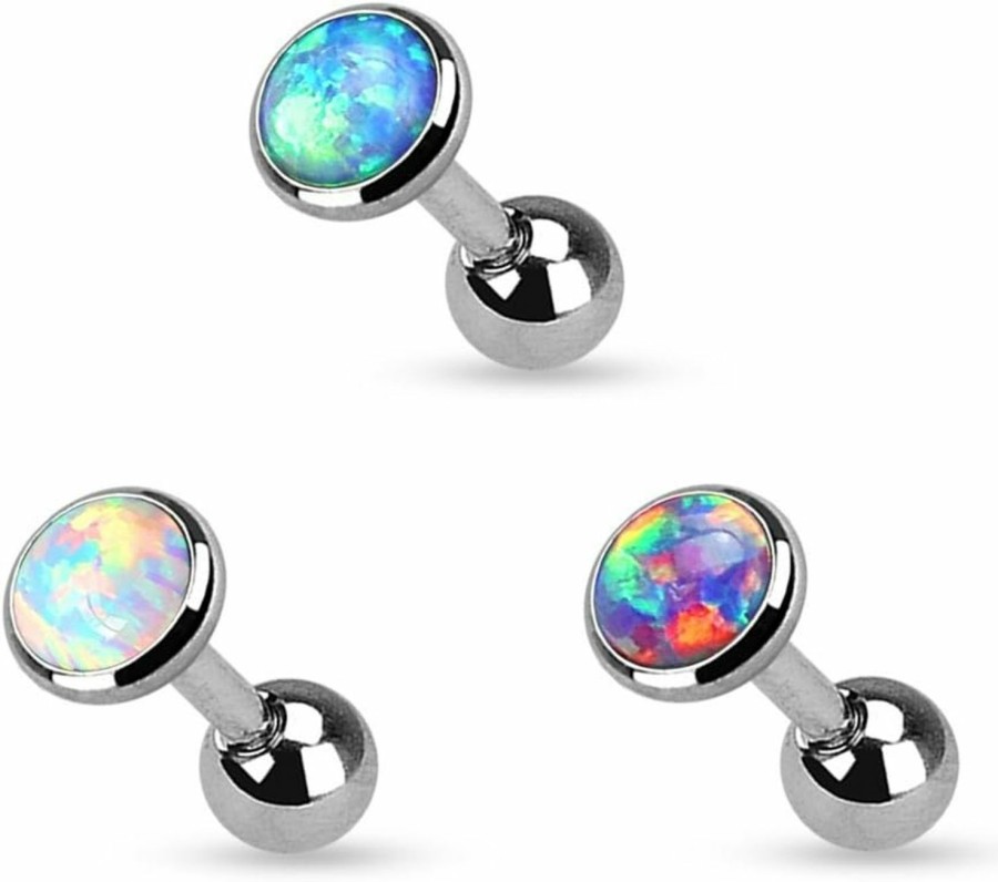 Pierced Owl Pierced Owl - Set Of 3 Opal Set Flat Top 316L Surgical Steel Cartilage/Tragus Barbell In 3Mm, 4Mm, Or 5Mm | Body Piercing Barbells