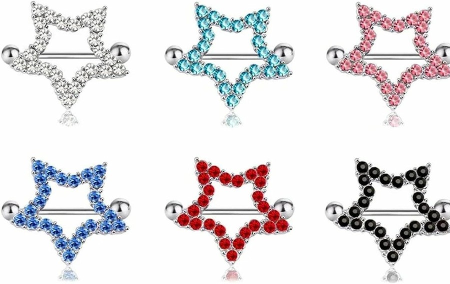 Salwosai 14G Stainless Steel Nipple Rings Glitter Cz Star Straight Barbell Bars Tongue Ring Body Piercing Jewelry | Body Piercing Barbells