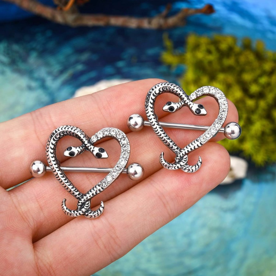 COCHARM Cocharm 2Pcs Cute Snake Nipple Shield 14G Stainless Steel Nipple Barbell For Women 14Mm Octopus Nipple Piercing 14 Gauge Nipple Jewelry | Body Piercing Barbells