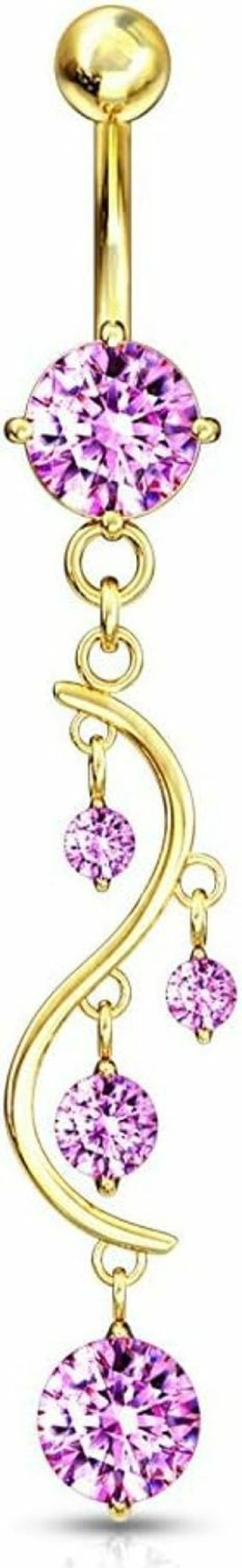 Forbidden Body Jewelry Forbidden Body Jewelry 14Kt Gold Plated Surgical Steel Fancy Pink Cz Crystal Vine Drop Multi Gem Dangle Belly Button Ring | Body Piercing Barbells