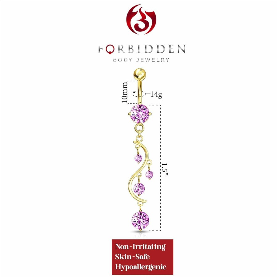 Forbidden Body Jewelry Forbidden Body Jewelry 14Kt Gold Plated Surgical Steel Fancy Pink Cz Crystal Vine Drop Multi Gem Dangle Belly Button Ring | Body Piercing Barbells