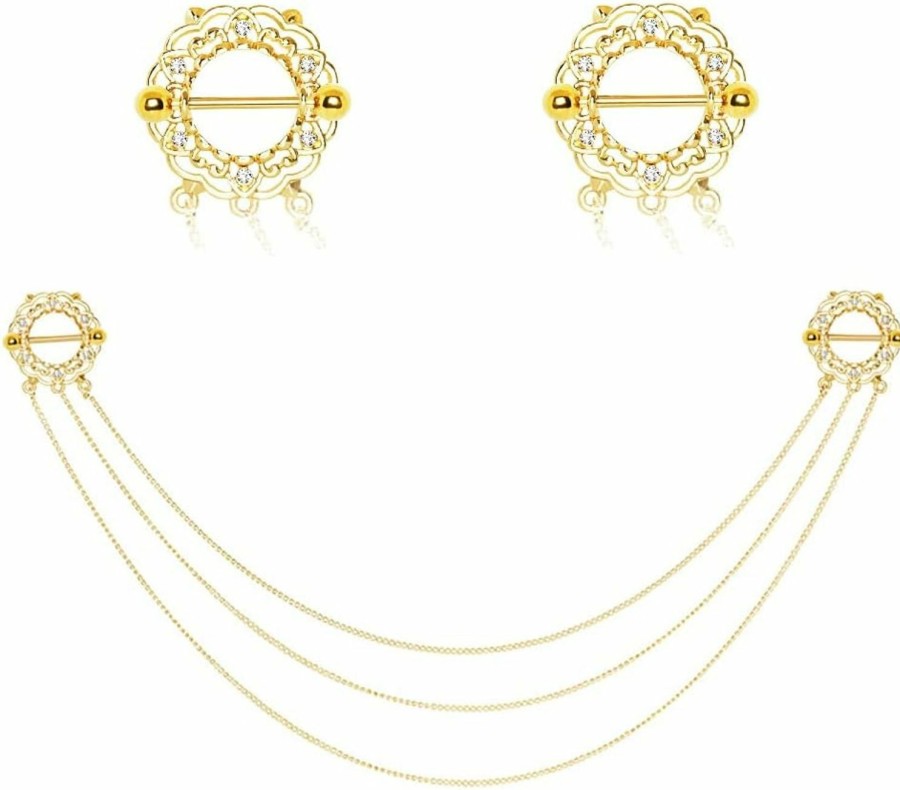 Pierced Owl 14Ga Gold Plated Triple Chain Connecting Floral Crystal Nipple Piercing Shields | Body Piercing Barbells