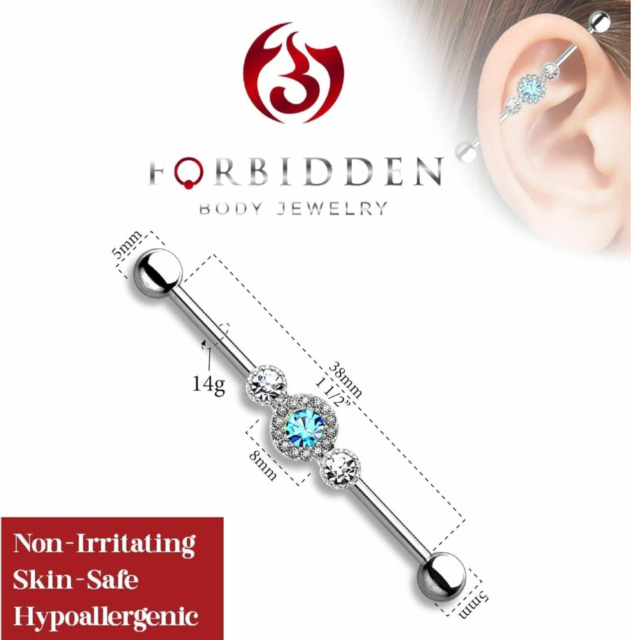 Forbidden Body Jewelry Forbidden Body Jewelry 14G 1.5 Inch (38Mm) Surgical Steel Super Glam Triple Cz Industrial Barbell | Body Piercing Barbells