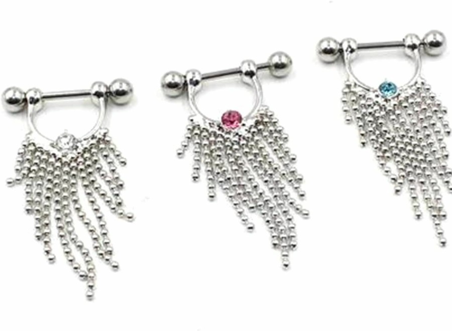 Salwosai Salwosai 14G Stainless Steel Nipple Piercing Jewelry Nipplering Barbell Tassels Cz Dangle Body Rings | Body Piercing Barbells