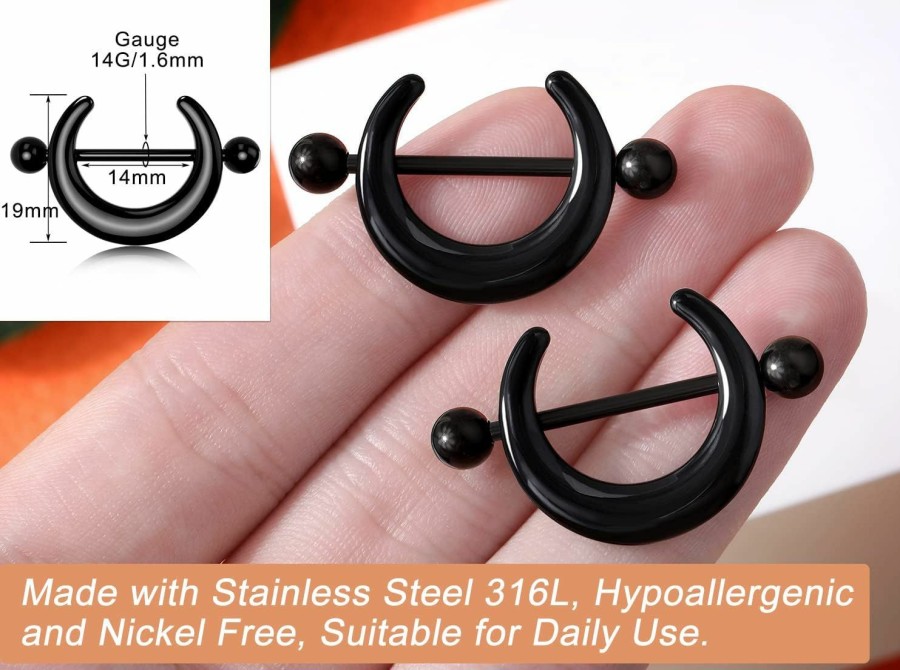 Melighting Melighting Black Nipple Rings 14G Surgical Steel 316L Moon Nipple Piercing Jewelry For Women Men Nipple Barbell Body Piercing Jewelry | Body Piercing Barbells