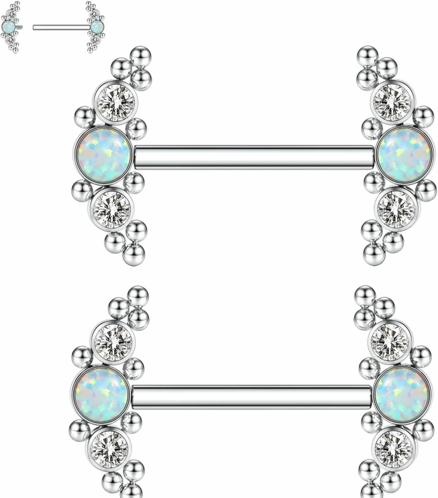 GAGABODY Gagabody Pair 14G Nipple Rings G23 Titanium Internally Threaded Nipple Barbells 12Mm-18Mm Bridge Piercing Jewelry Straight Nipple Bar For Women Men Nipple Piercing Jewelry With Cz/Opal | Body Piercing Barbells