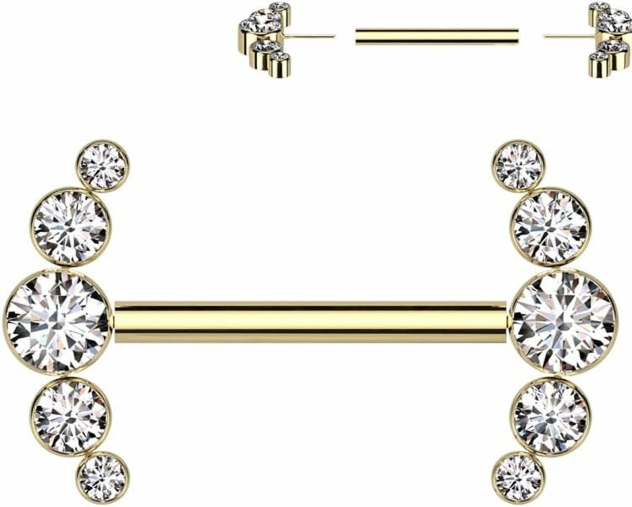 Dynamique Galerie Dynamique Implant Grade Titanium Threadless Push In Nipple Barbell With 5 Bezel Set Cz Ends (Sold Per Pair Or Per Piece) | Body Piercing Barbells