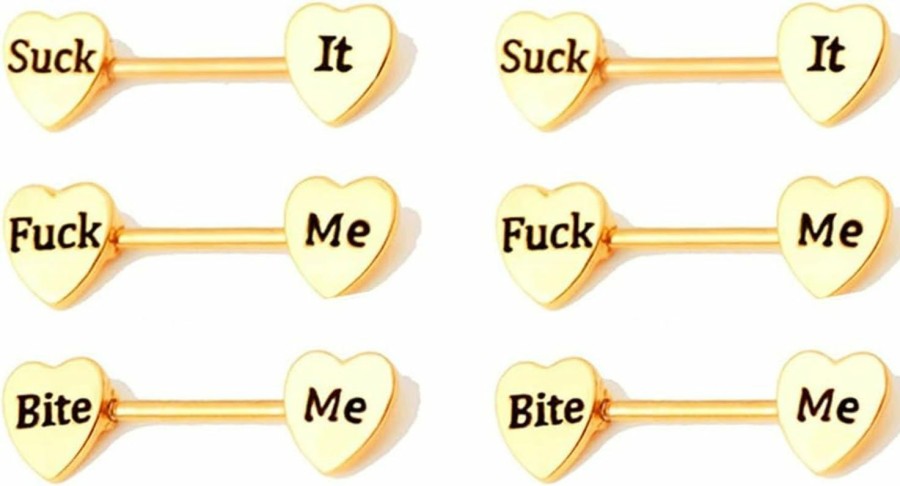 Salwosai Salwosai 3Pairs 14G Stainless Steel Nipple Rings Suck It Heart Shape Letter Straight Barbell Bars Tongue Ring 13Mm Bite Me Body Piercing Jewelry Set | Body Piercing Barbells