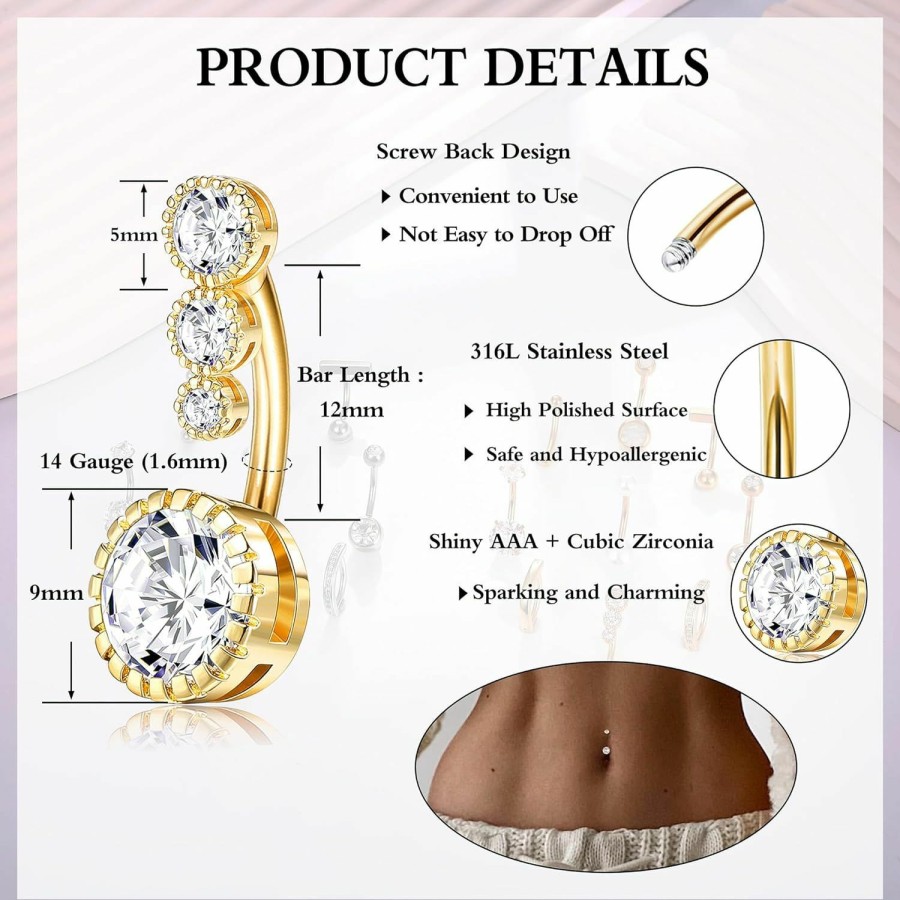 FIASASO Fiasaso 9 Pcs Gold Belly Button Ring Surgical Stainless Steel Belly Rings Cz Opal Pearl Belly Button Ring Clicker Belly Piercings For Women Navel Piercings Pack Silver/Gold | Body Piercing Barbells