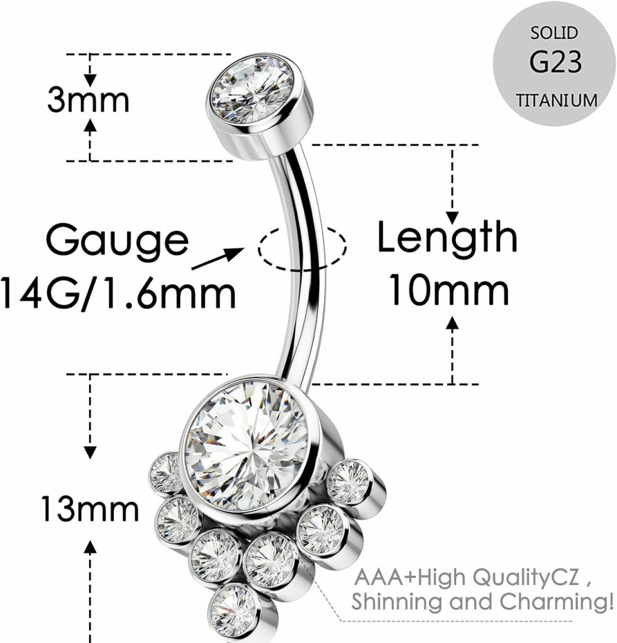 COCHARM Cocharm G23 Solid Titanium Belly Button Rings For Women Bezel Cluster 14G Implat-Grade Hypoallergenic Navel Rings Cute 14G Belly Rings | Body Piercing Barbells