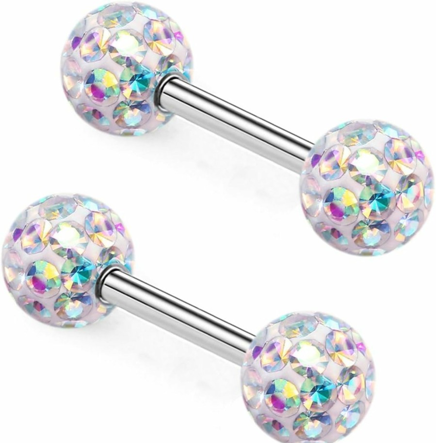 ZHIYAOR Zhiyaor Never Fall Out Crystal 14G Studs Nipple Rings Piercing Barbell Anti-Allergy Surgical Steel Pairs | Body Piercing Barbells