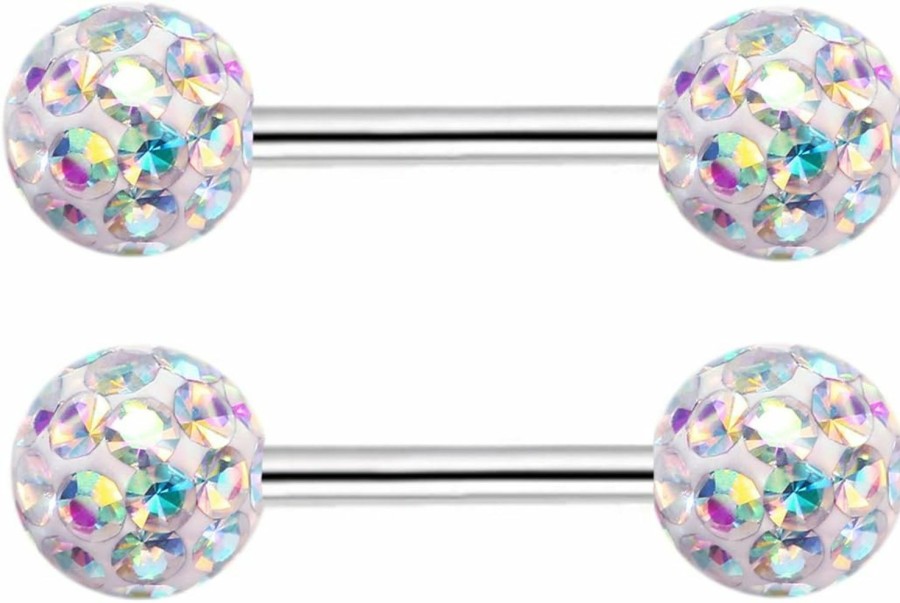 ZHIYAOR Zhiyaor Never Fall Out Crystal 14G Studs Nipple Rings Piercing Barbell Anti-Allergy Surgical Steel Pairs | Body Piercing Barbells