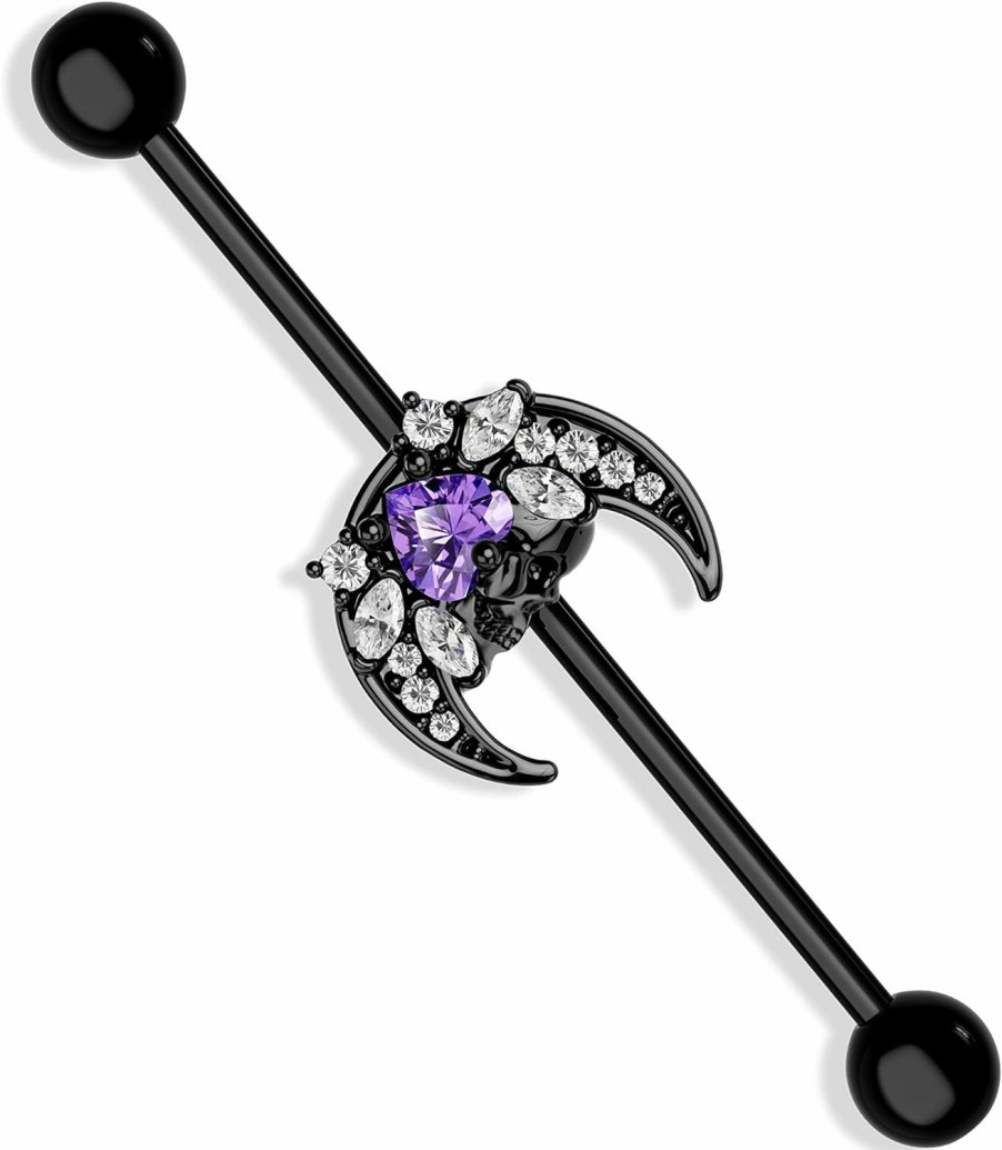 COCHARM Cocharm Black Moon Industrial Earrings 14G Purple Cz Halloween Industrial Bar Piercing Spoooky Industrial Earring, Halloween Industrial Piercing Jewelry | Body Piercing Barbells