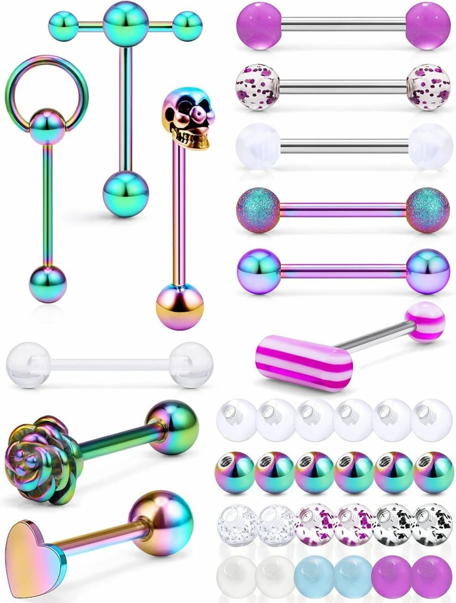 Hnxnskt Hnxnskt 12Pcs 14G Tongue Rings + 24Pcs Matching Replacement Balls Pack Multicolor Tongue Piercing Barbells Surgical Stainless Steel Tounge Jewelry For Women Men | Body Piercing Barbells