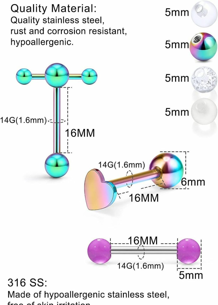 Hnxnskt Hnxnskt 12Pcs 14G Tongue Rings + 24Pcs Matching Replacement Balls Pack Multicolor Tongue Piercing Barbells Surgical Stainless Steel Tounge Jewelry For Women Men | Body Piercing Barbells