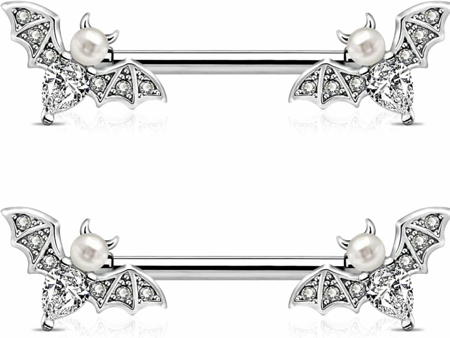 Jewseen Jewseen Nipple Barbell 14G Nipple Piercing Bat Nipple Jewelry Sparkling Cz Nipple Ring Bar Halloween Body Piercing Jewelry | Body Piercing Barbells