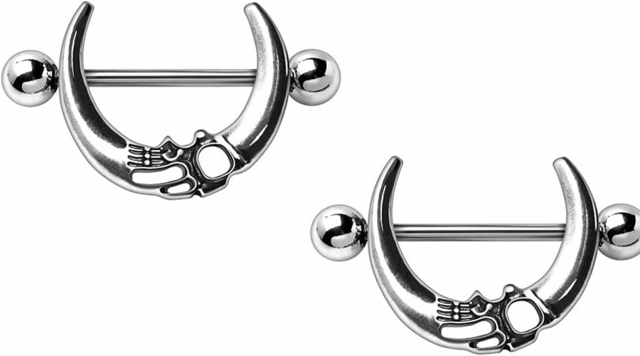 Pierced Owl Pierced Owl 14Ga Stainless Steel Gothic Skull Crescent Moon Nipple Shields, Sold As A Pair | Body Piercing Barbells