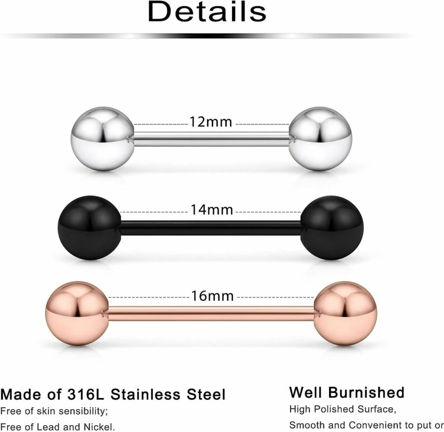 Ftovosyo Ftovosyo 16G 14G Tongue Rings Externally Threaded Nipple Barbell Stainless Steel Nipplerings Straight Barbell Tongue Piercing Bars Length 12Mm 14Mm 16Mm 1/2\" 9/16\" 5/8\" | Body Piercing Barbells