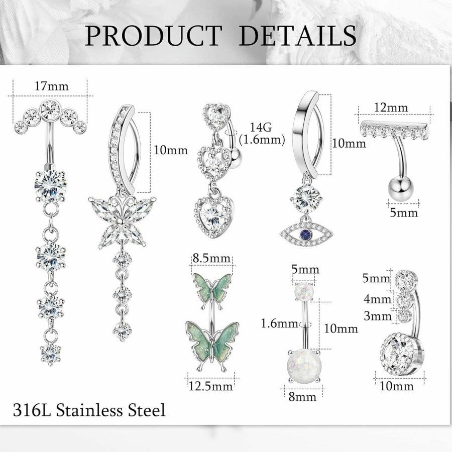 FINREZIO Finrezio 8Pcs 14G Clicker Belly Button Rings For Women Surgical Steel Dangle Cz Evil Eye Butterfly Belly Button Rings Reverse Curved Navel Belly Barbell Piercing Jewelry | Body Piercing Barbells