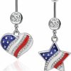 MenXu Menxu American Flag Dangle Belly Button Rings 14G Surgical Steel Navel Ring Heart Star Cubic Zirconia Body Piercing Jewelry (2Pcs) | Body Piercing Barbells