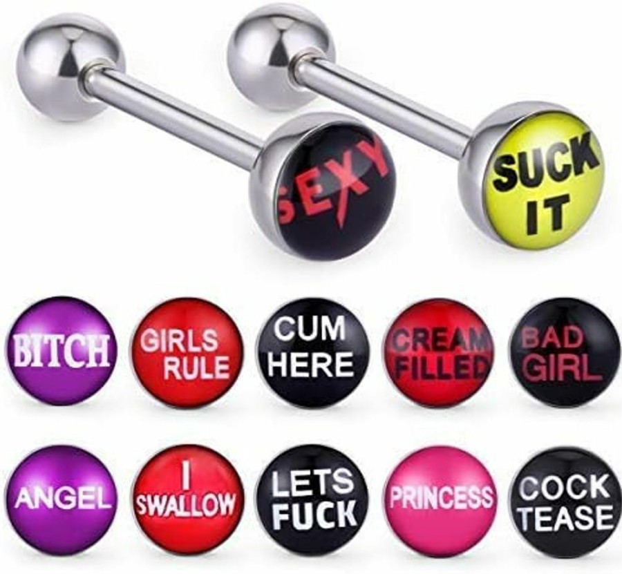 COTTVOTT Cottvott 12Pcs Fancy Words Pictures Logo Stainless Steel Straight Barbells Tongue Rings Bars Piercing Jewelry | Body Piercing Barbells