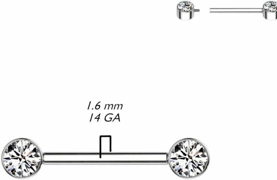 Pierced Owl Pierced Owl 14Ga Implant Grade Titanium 9/16\" Internally Threaded Bezel Set Crystal Nipple Barbells, Sold As A Pair | Body Piercing Barbells