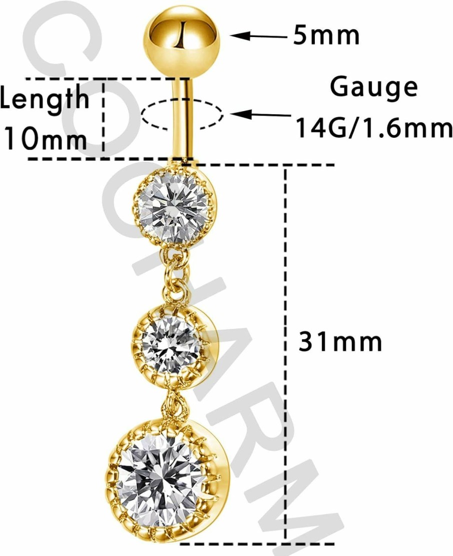 COCHARM Cocharm Dangling Belly Button Rings Gold 14G Belly Piercing Dangly Navel Rings Silver Rose Gold Dangle Navel Piercing Jewelry | Body Piercing Barbells