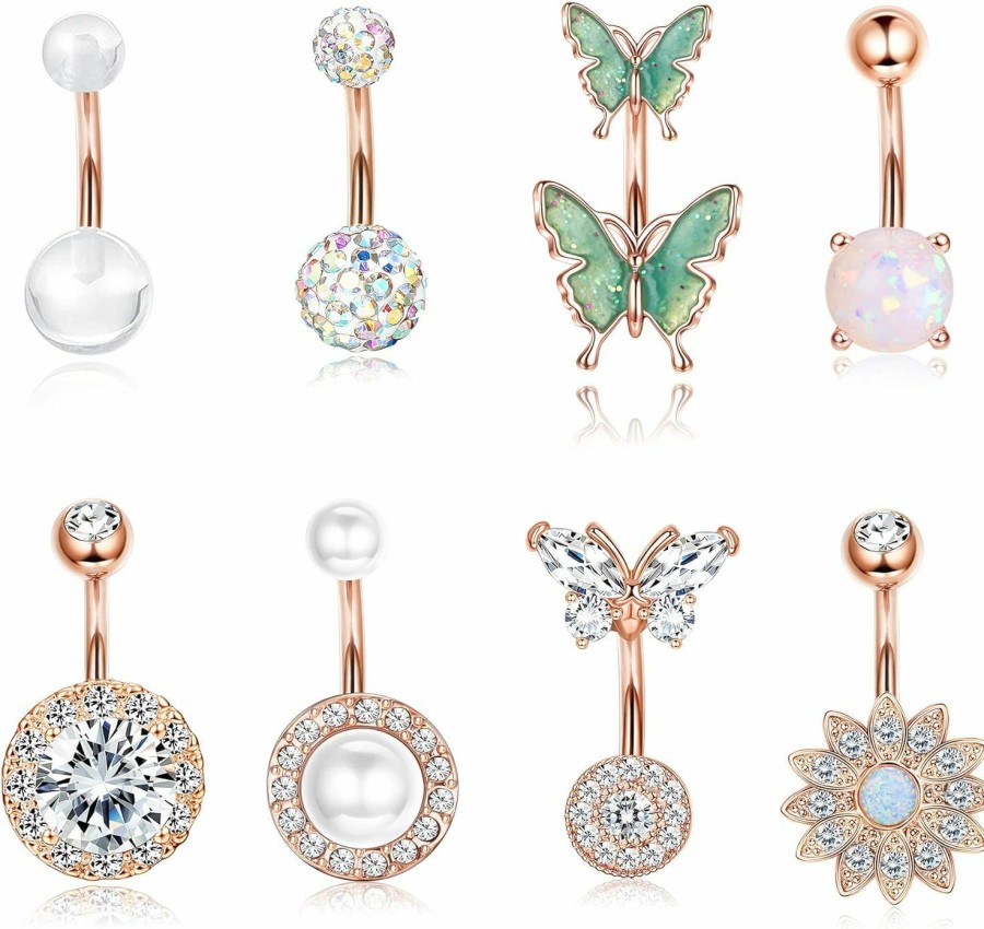 Dochais Dochais 8Pcs Belly Button Ring, Surgical Steel Belly Rings For Women Stainless Steel Opal Pearl Sparkling Cz Belly Piercing Jewelry Sunflower Butterfly Piercing Jewelry Rose Gold | Body Piercing Barbells