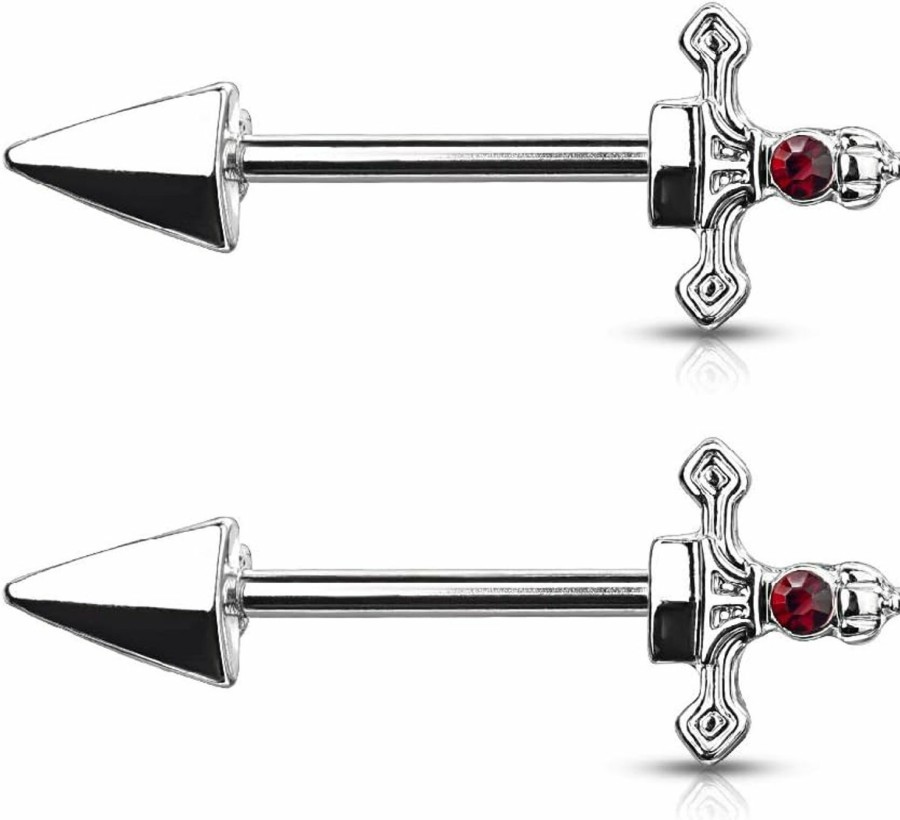 Pierced Owl Pierced Owl - 14Ga 316L Stainless Steel Red Gem Set Dagger Nipple Barbells, Sold As A Pair | Body Piercing Barbells