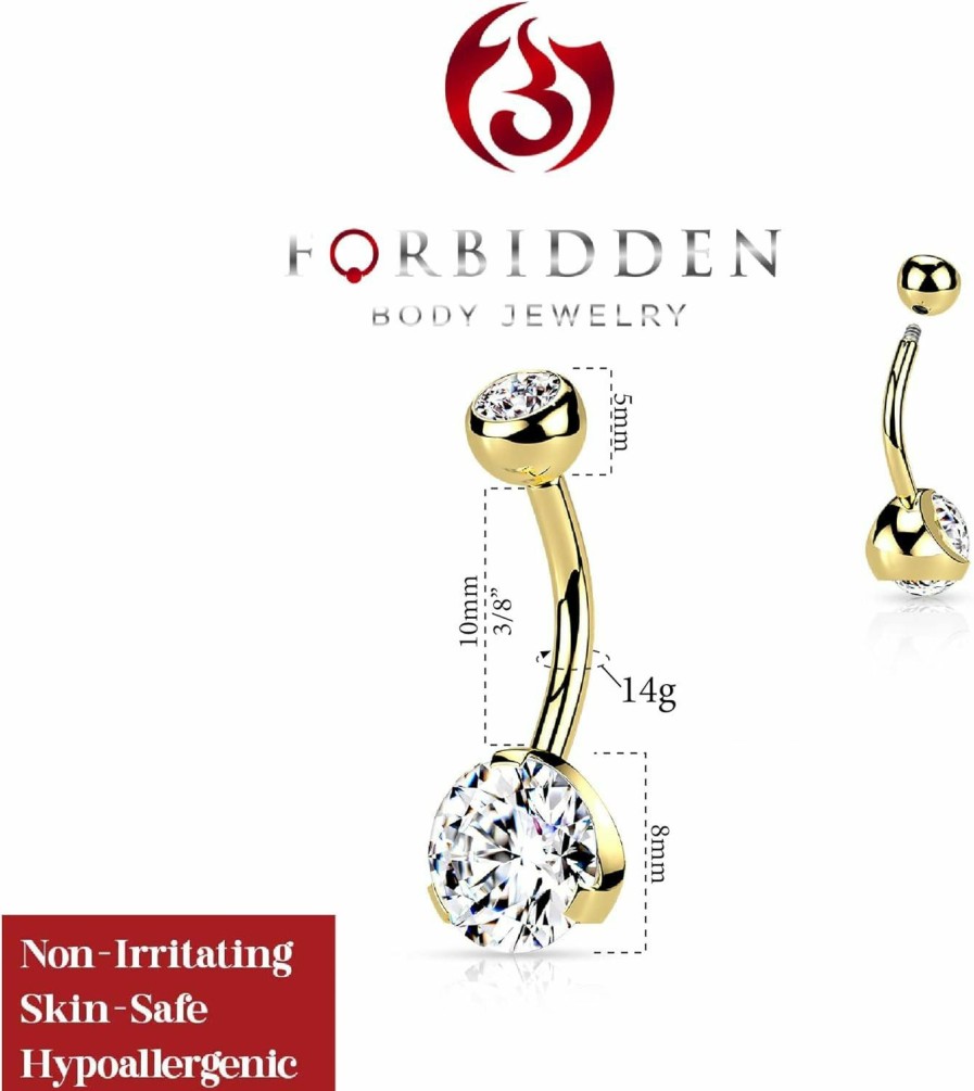 Forbidden Body Jewelry Forbidden Body Jewelry Belly Button Rings 14K Gold Plated Double Jeweled Cz Crystals 14G Surgical Steel | Body Piercing Barbells