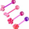 COCHARM Cocharm 4Pcs 14G Plastic Hot Pink Tongue Rings For Women Flexible Bear Tongue Rings Cute Paw Tongue Barbell 14 Gauge Acrylic Flower Tongue Ring Set Bow Tongue Piercing Jewelry | Body Piercing Barbells