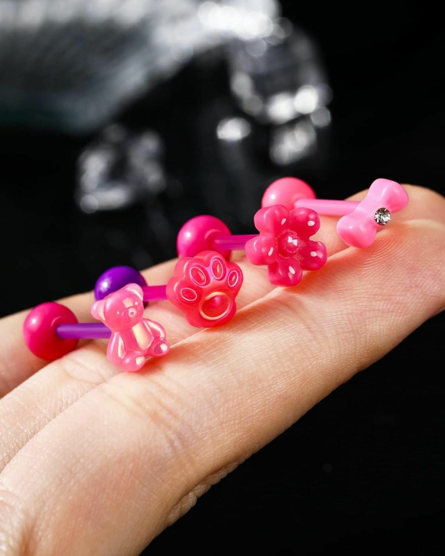 COCHARM Cocharm 4Pcs 14G Plastic Hot Pink Tongue Rings For Women Flexible Bear Tongue Rings Cute Paw Tongue Barbell 14 Gauge Acrylic Flower Tongue Ring Set Bow Tongue Piercing Jewelry | Body Piercing Barbells