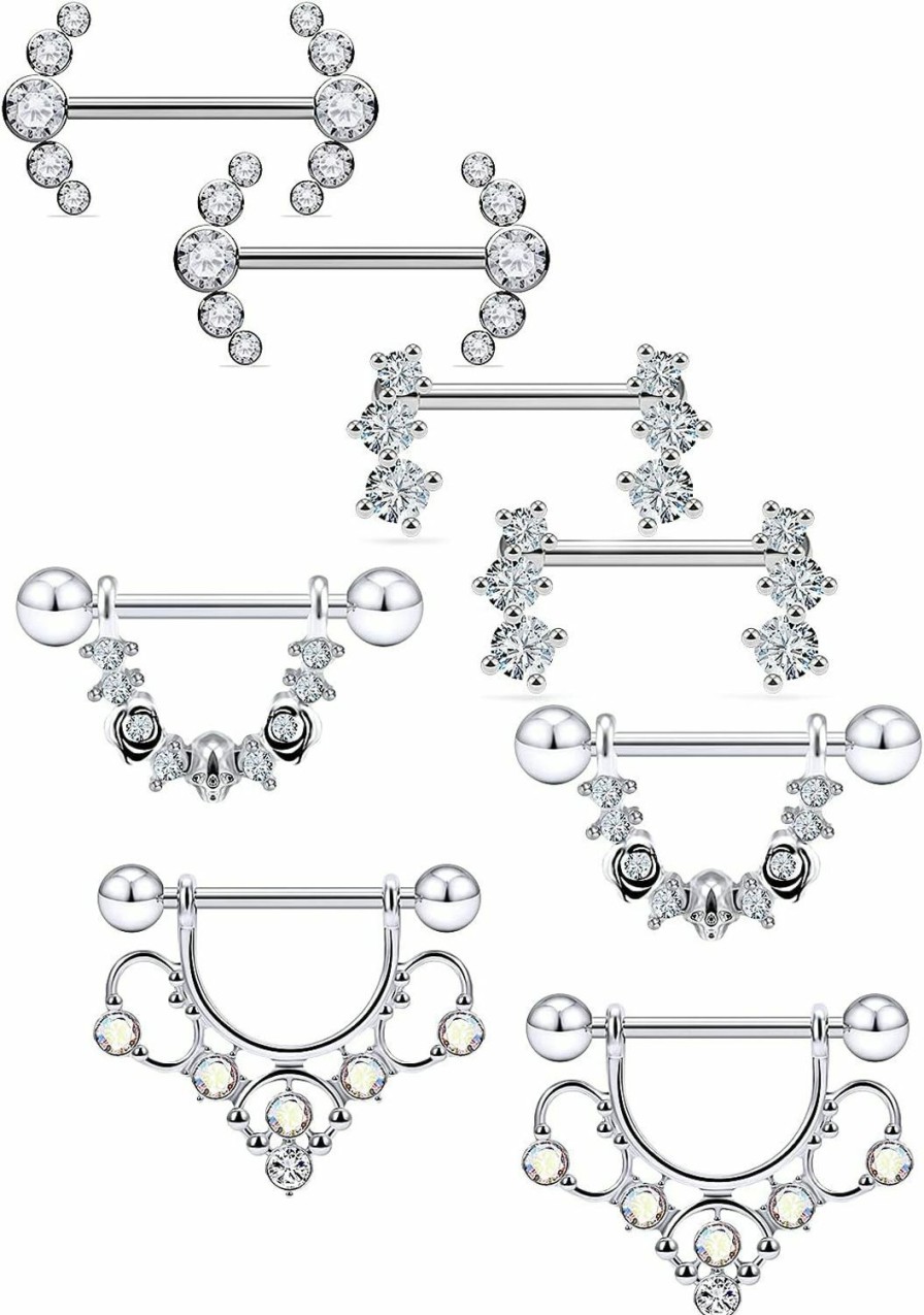 Vsnnsns Vsnnsns 14G Nipple Rings For Women Stainless Steel Skull Nipple Rings Cz Nipple Piercing Jewelry Nipple Rings Surgical Steel Nipple Jewelry Barbell Body Piercing Jewelry 4 Pairs | Body Piercing Barbells