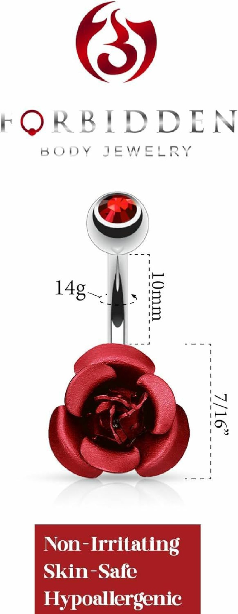 Forbidden Body Jewelry Forbidden Body Jewelry Belly Button Rings For Women Red Rose Belly Ring Surgical Steel 14G | Body Piercing Barbells