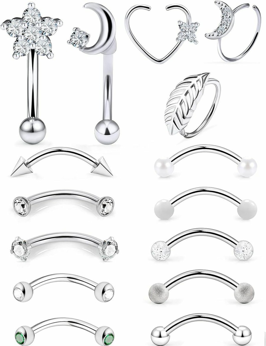 Vsnnsns Vsnnsns 16G Rook Daith Piercing Jewelry Stainless Steel 8Mm Curved Barbell Eyebrow Rings Helix Tragus Belly Lip Rings Cz Piercing Jewelry Kit Cartilage Hoop Daith Rook Earrings For Women Men 15Pcs | Body Piercing Barbells