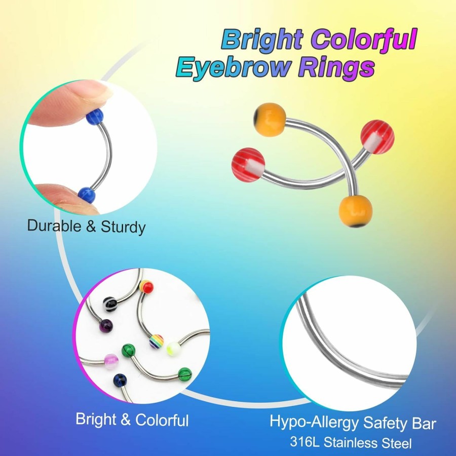 CrazyPiercing Crazypiercing Colorful Acrylic Ball Stainless Steel Curved Bar Eyebrow Rings Tragus Piercing, 50Pcs, 16G (Stainless Steel Bar) | Body Piercing Barbells