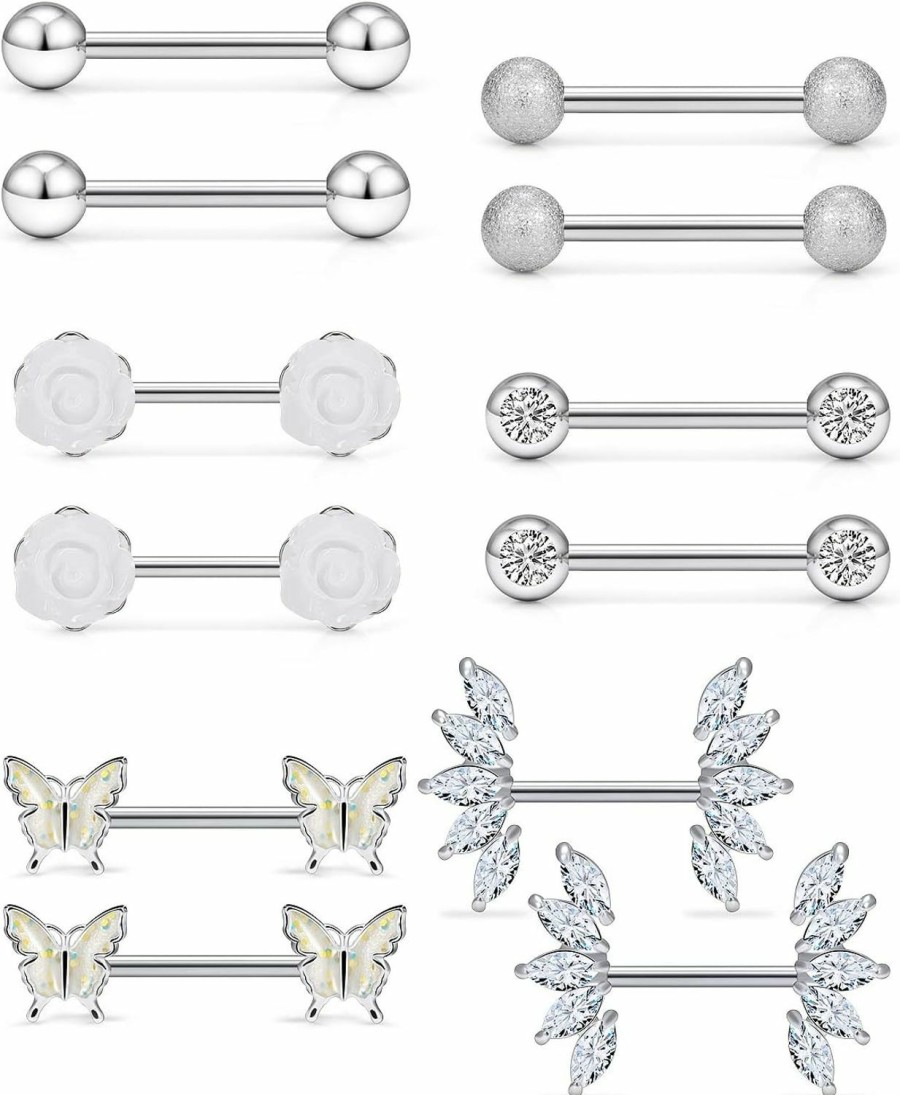 Vsnnsns Vsnnsns 14G Nipple Rings For Women Stainless Steel Butterfly Nipple Rings Flower Nipple Piercing Jewelry Cz Nipple Rings Surgical Steel Nipple Jewelry Barbell Body Piercing Jewelry 6 Pairs | Body Piercing Barbells