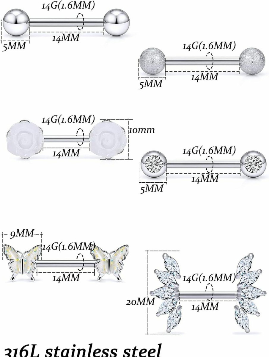 Vsnnsns Vsnnsns 14G Nipple Rings For Women Stainless Steel Butterfly Nipple Rings Flower Nipple Piercing Jewelry Cz Nipple Rings Surgical Steel Nipple Jewelry Barbell Body Piercing Jewelry 6 Pairs | Body Piercing Barbells