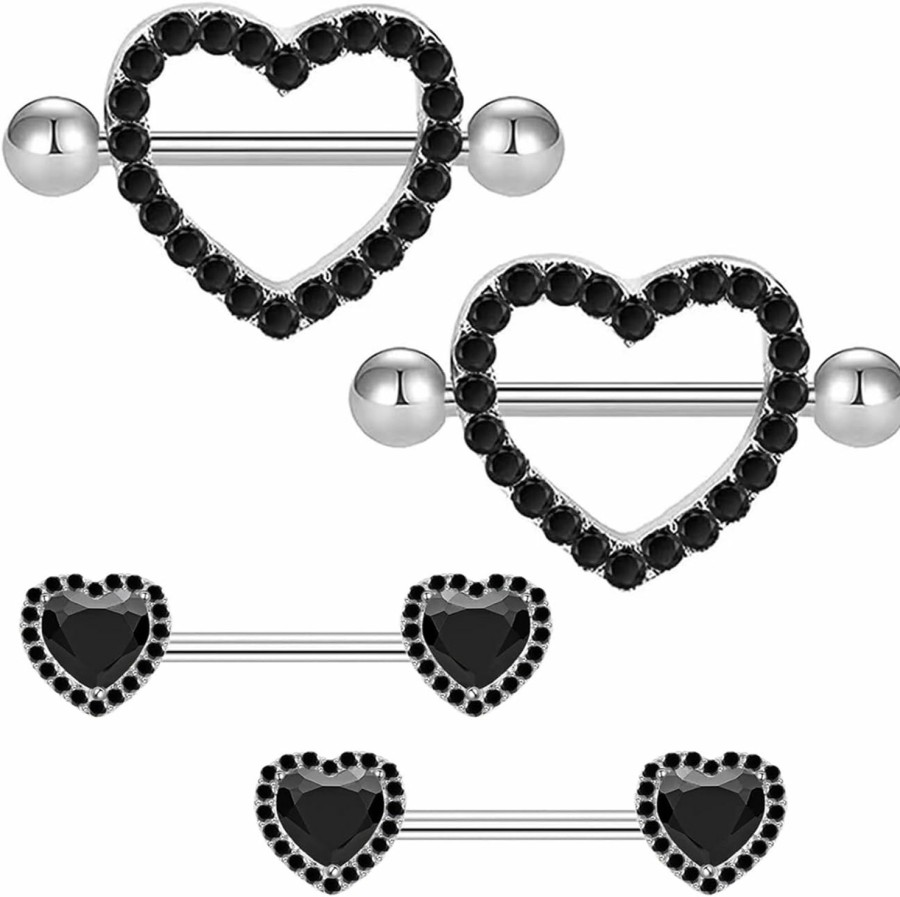 BODY16G CZCZ Body16G Czcz 14G Heart Nipple Rings 2 Pairs 316L Stainless Steel Nipple Ring Cz Nipple Barbell Nipple Piercing Jewelry For Women | Body Piercing Barbells