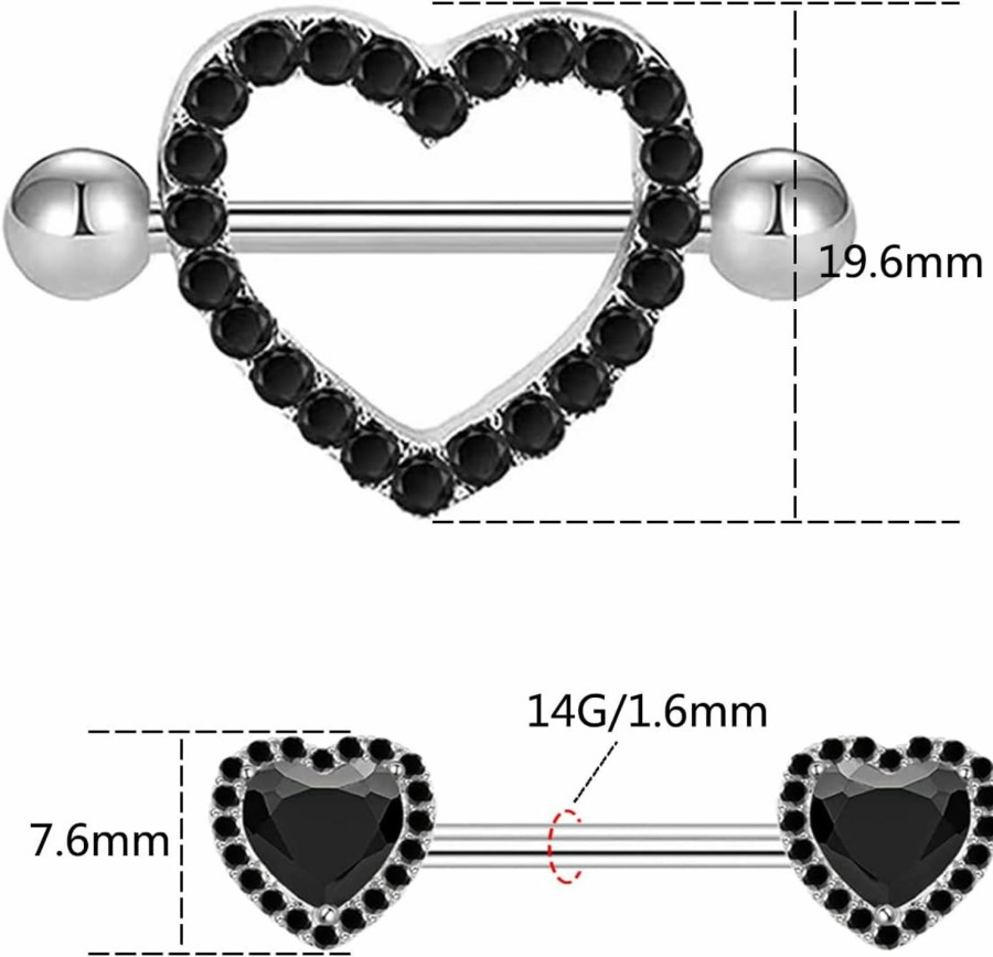 BODY16G CZCZ Body16G Czcz 14G Heart Nipple Rings 2 Pairs 316L Stainless Steel Nipple Ring Cz Nipple Barbell Nipple Piercing Jewelry For Women | Body Piercing Barbells