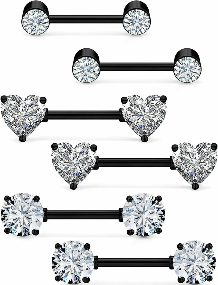 Hnxnskt Ronbemo 3 Pairs Surgical Steel Nipple Ring Cz Straight Barbell Heart Rhinestone Nipple Studs Nipple Bar Body Piercing Jewelry For Women | Body Piercing Barbells