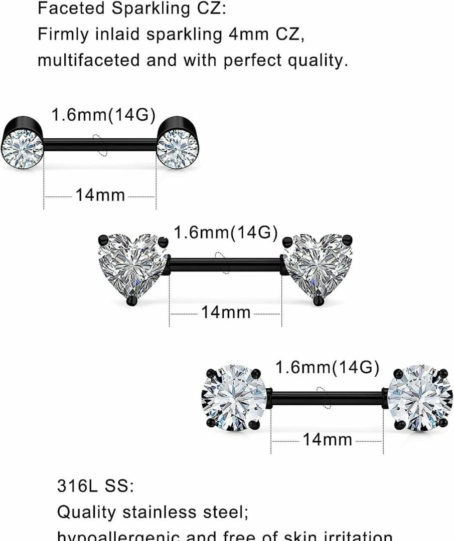 Hnxnskt Ronbemo 3 Pairs Surgical Steel Nipple Ring Cz Straight Barbell Heart Rhinestone Nipple Studs Nipple Bar Body Piercing Jewelry For Women | Body Piercing Barbells