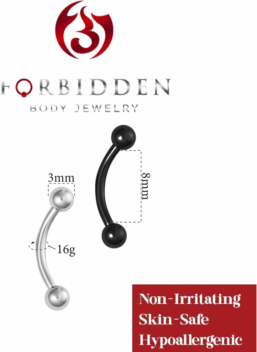 Forbidden Body Jewelry Set Of 2: 16G 8Mm Daith Earring, Eyebrow Ring And Rook Piercing Jewelry, Double Ball Curved Barbells | Body Piercing Barbells