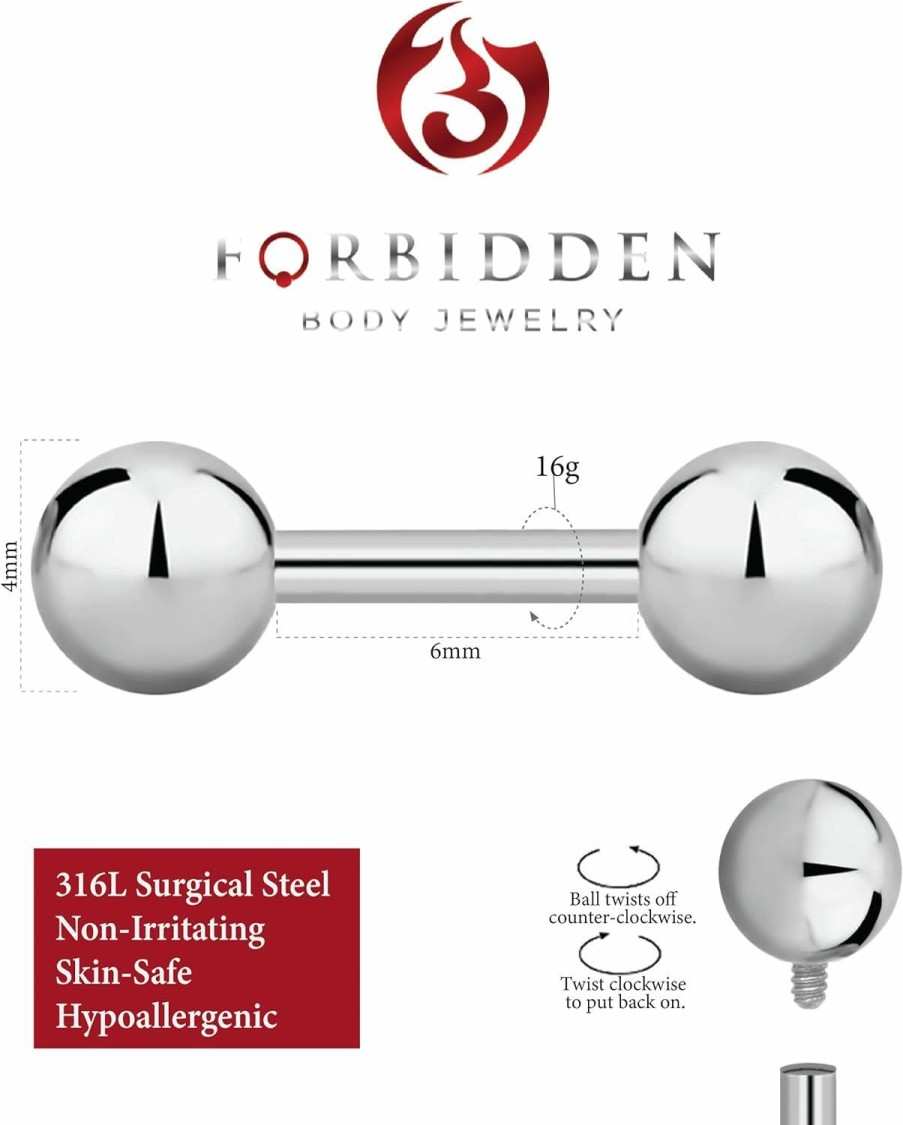 Forbidden Body Jewelry 14G-16G Internally Threaded Titanium Straight Barbell Body Piercing Jewelry (Sold Individually) | Body Piercing Barbells